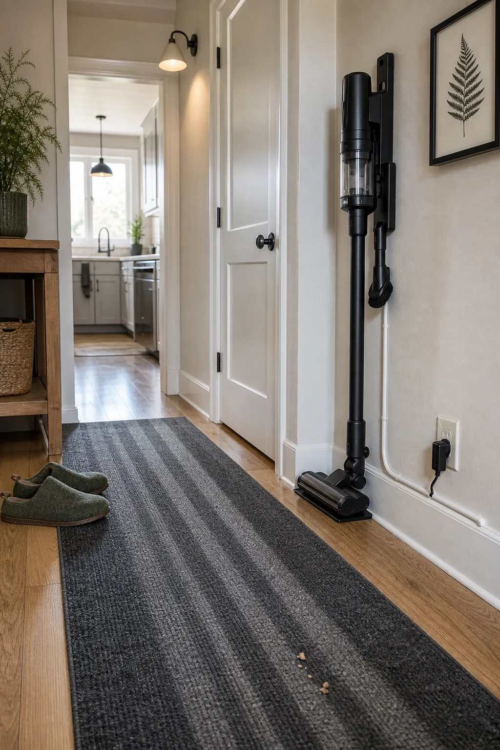 A cordless vacuum stored ready beside a clean high-traffic hallway