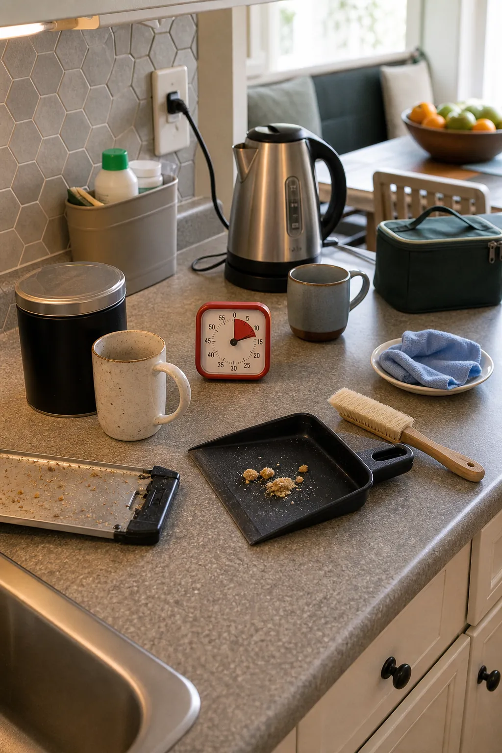 A tidy kitchen counter being reset during a short cooking timer
