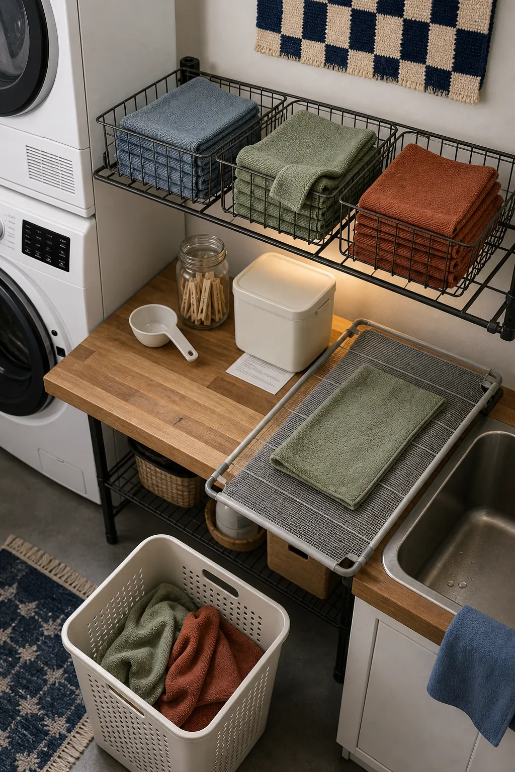 Color-sorted reusable microfiber cloths in a practical laundry station