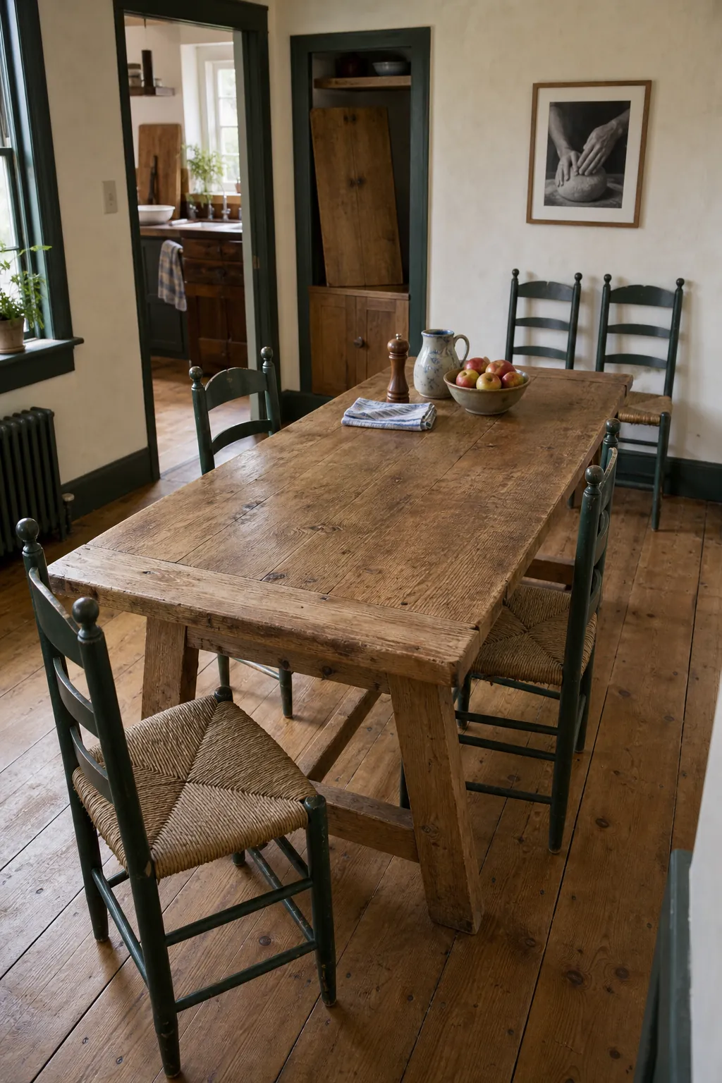 Durable vintage timber dining table with family-friendly patina and clear chair space