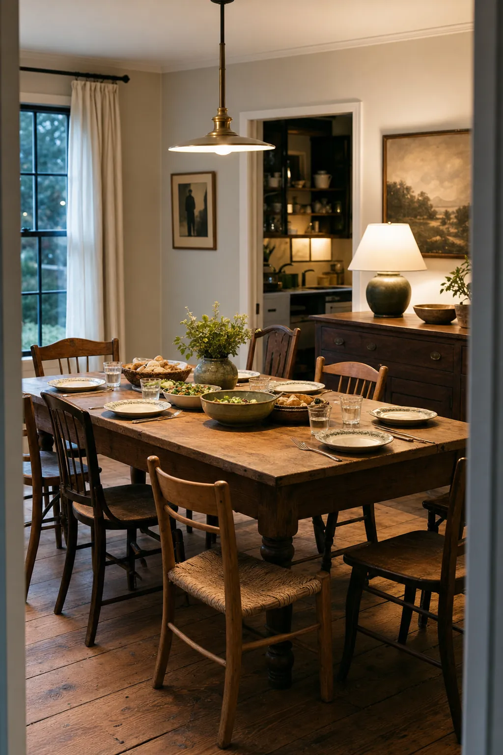 Welcoming vintage dining room arranged for a casual family meal around a worn timber table