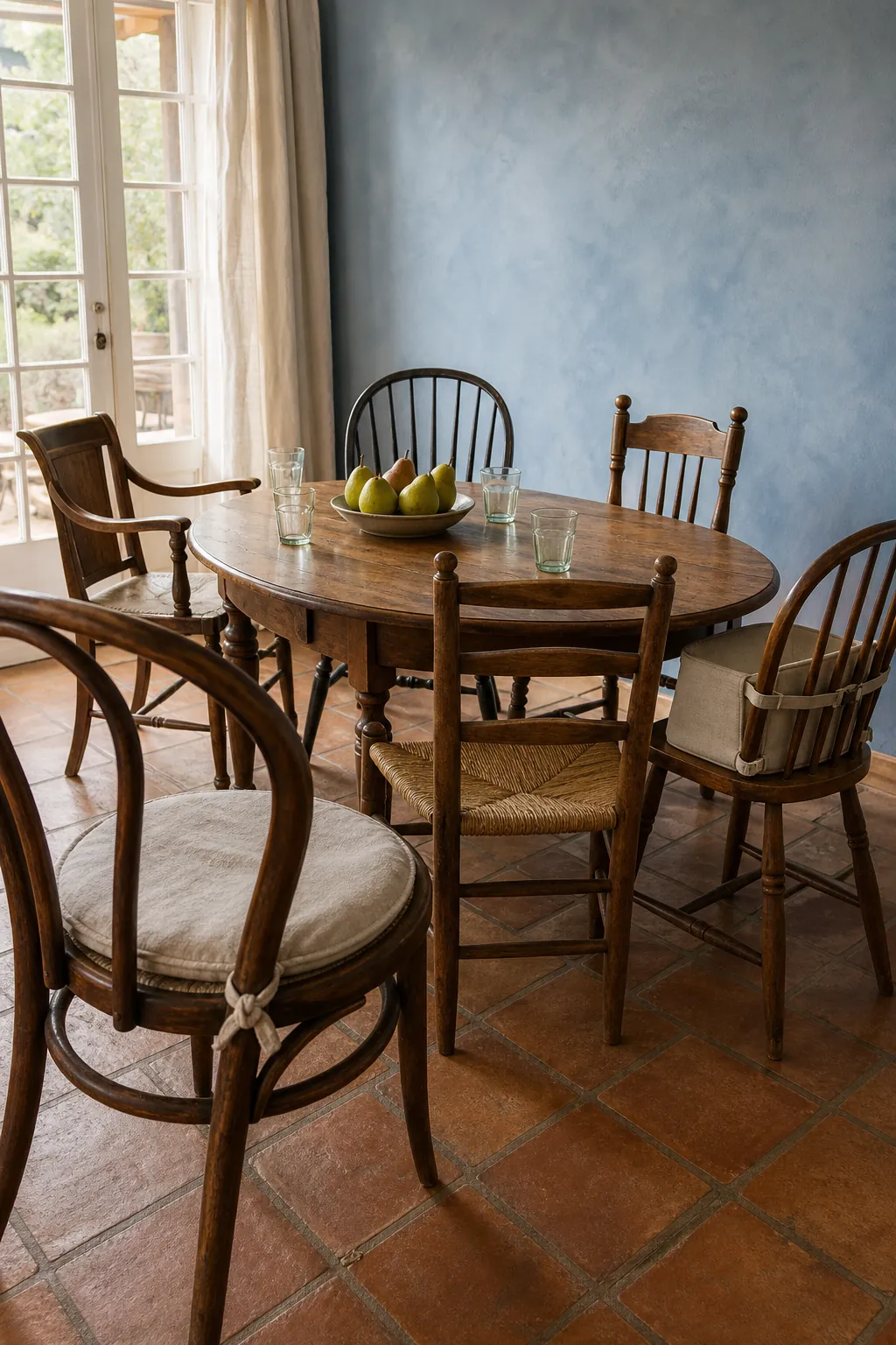 Casual family dining table surrounded by mismatched vintage chairs united by warm wood tones