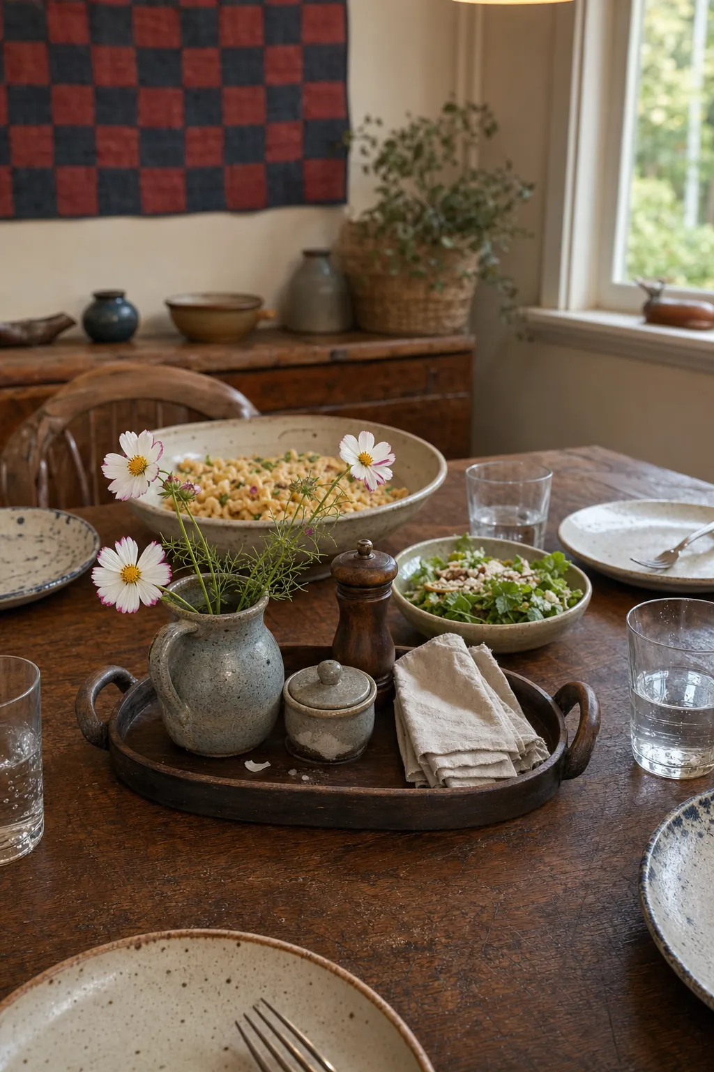 Low portable dining table centerpiece with stoneware jug, salt cellar, and garden stems