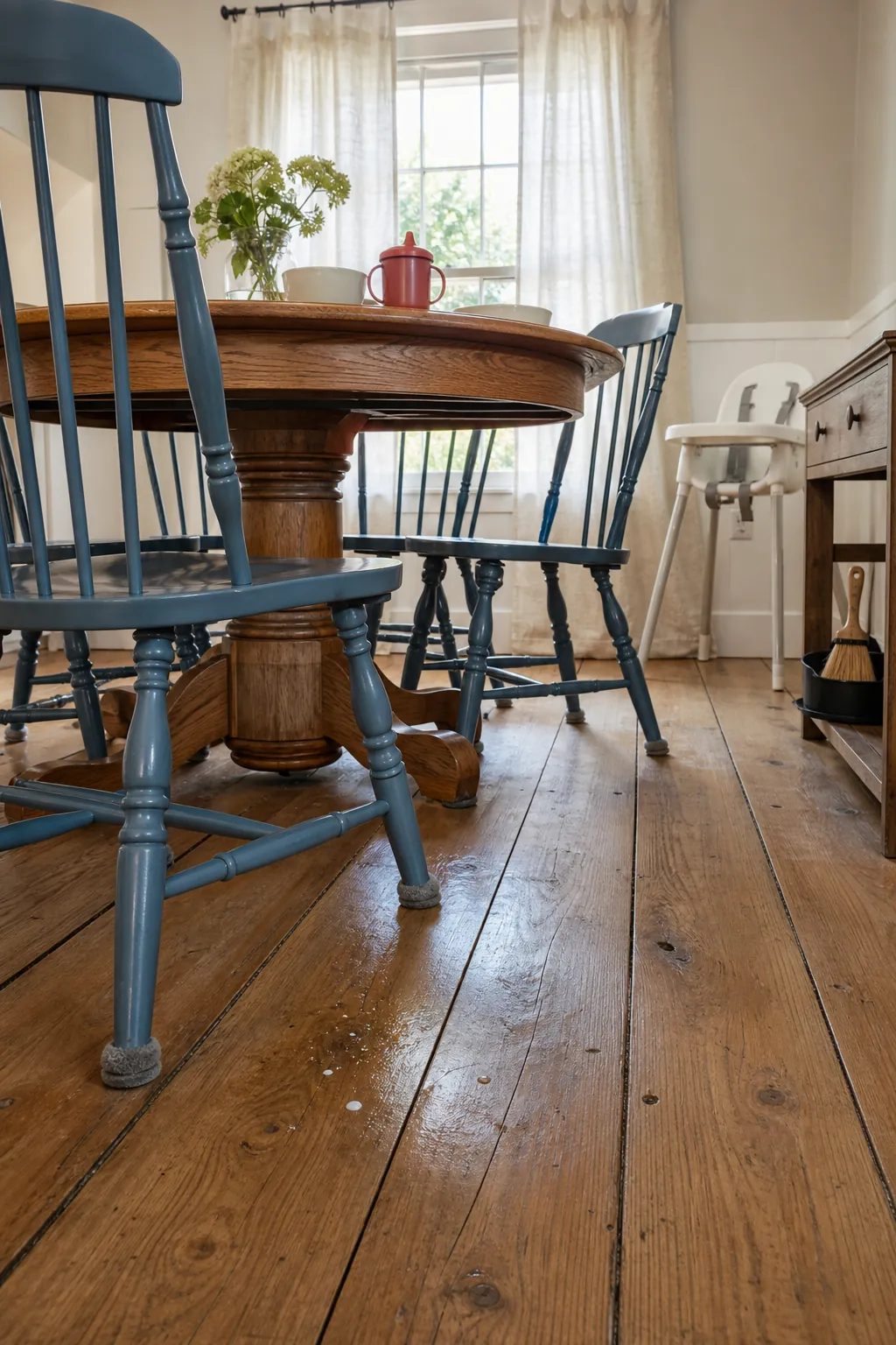 Family dining room with exposed old wood floor, felt chair pads, and an easy-clean layout