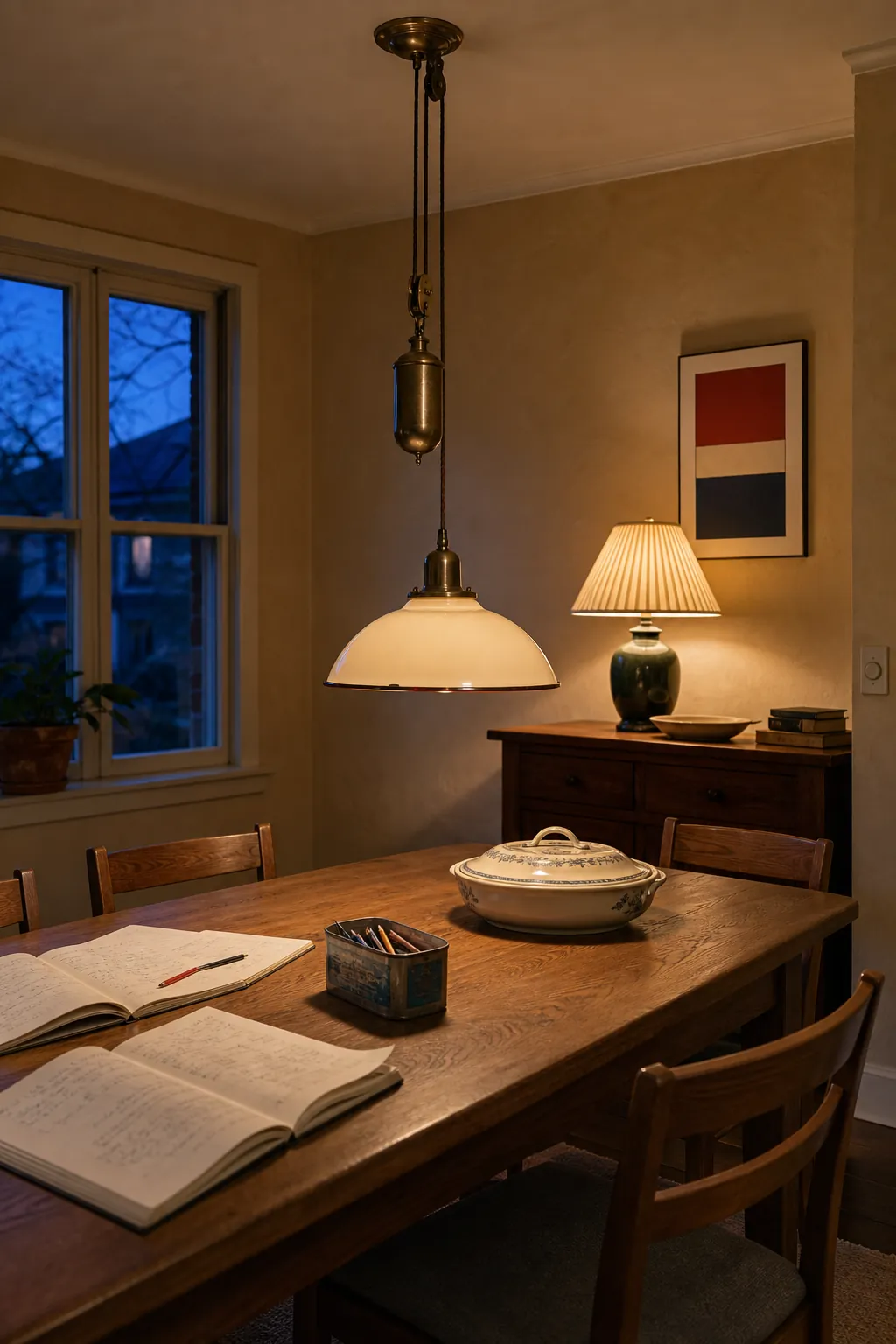 Vintage family dining room lit by a practical rise-and-fall pendant and sideboard lamp
