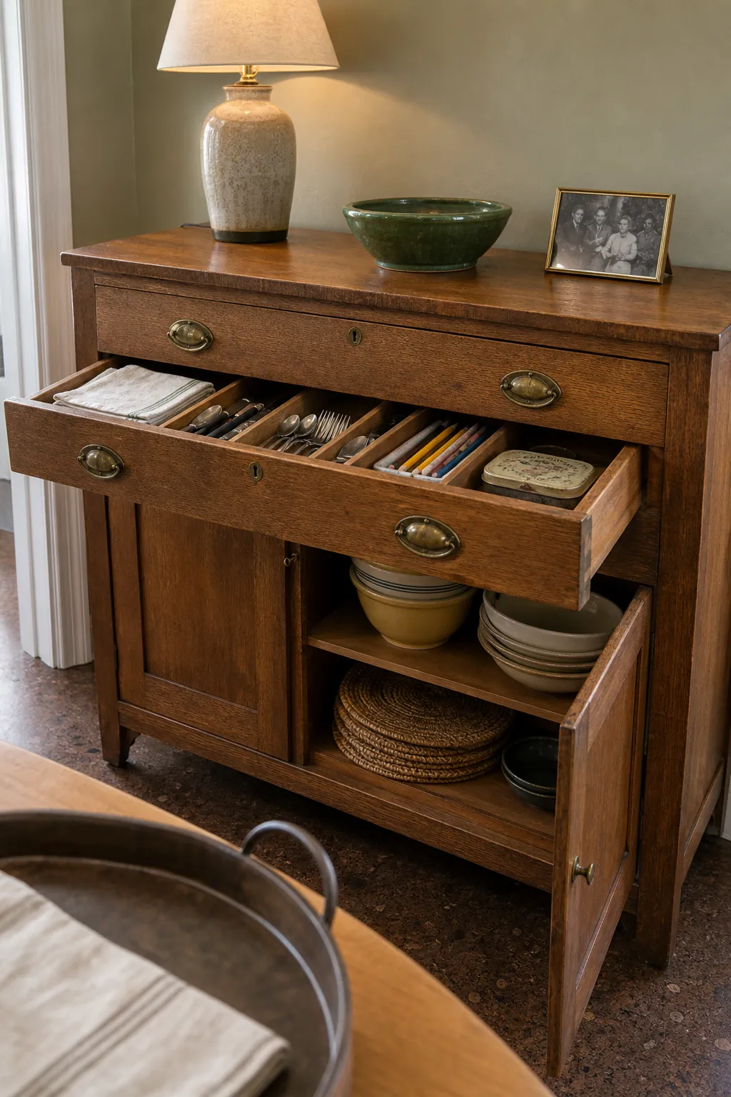 Vintage dining room sideboard organizing napkins, serving dishes, and homework supplies
