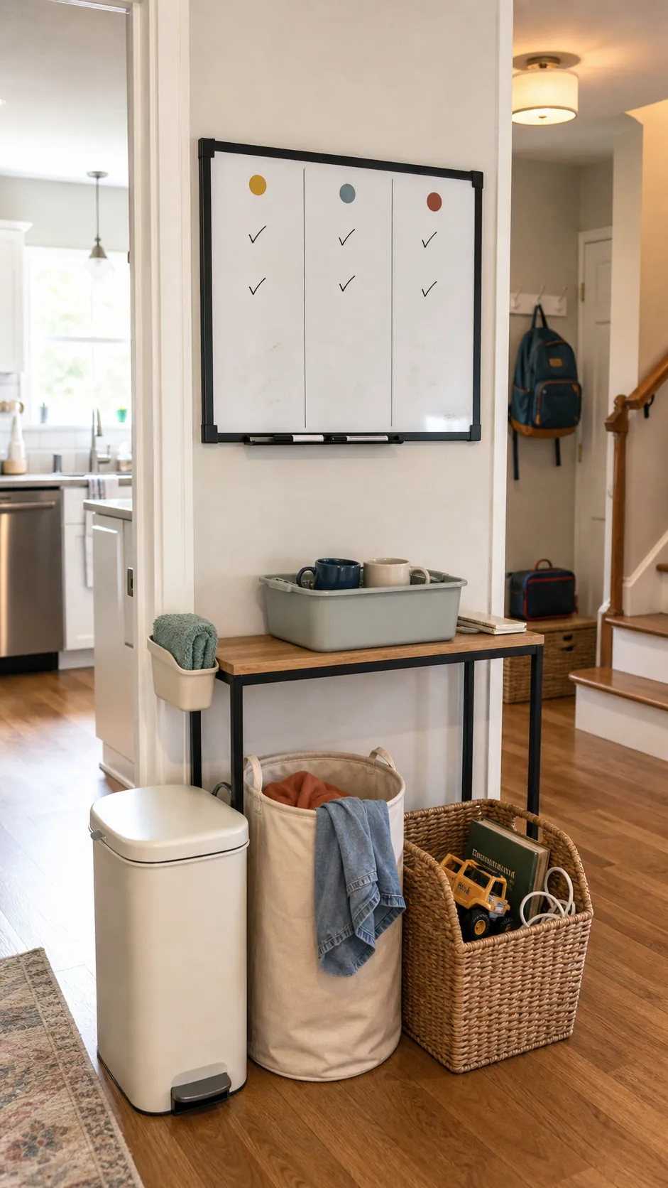 A simple household reset station with baskets and a weekly task board