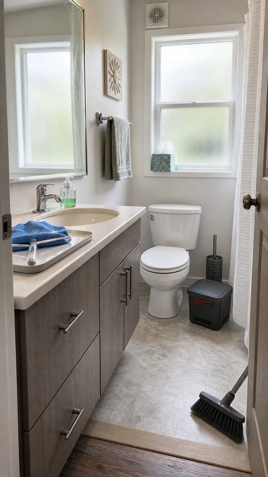 Bathroom tools arranged for a focused weekly sink, mirror, and toilet clean