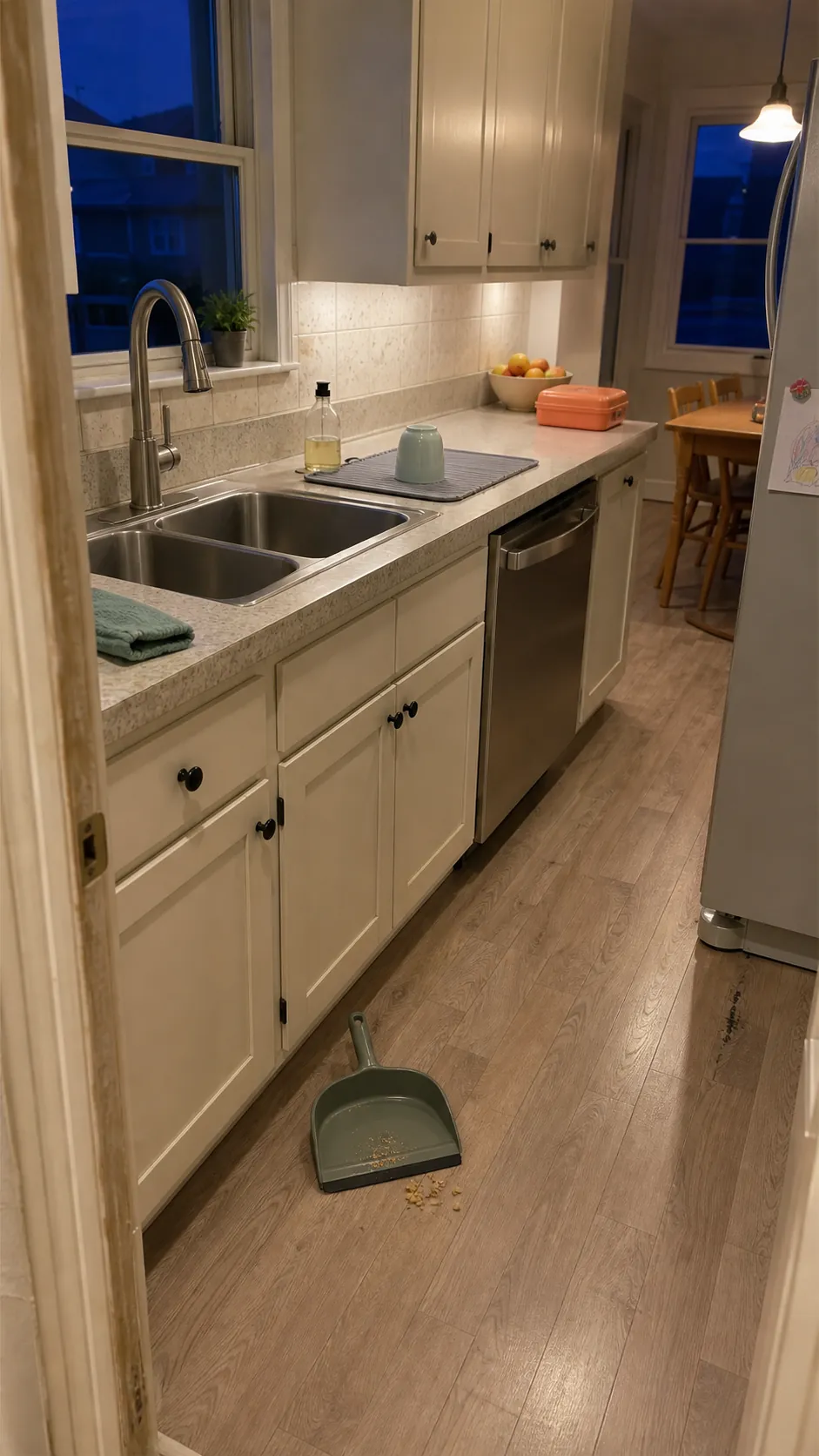 A clean kitchen sink and counter after a practical nightly closing shift