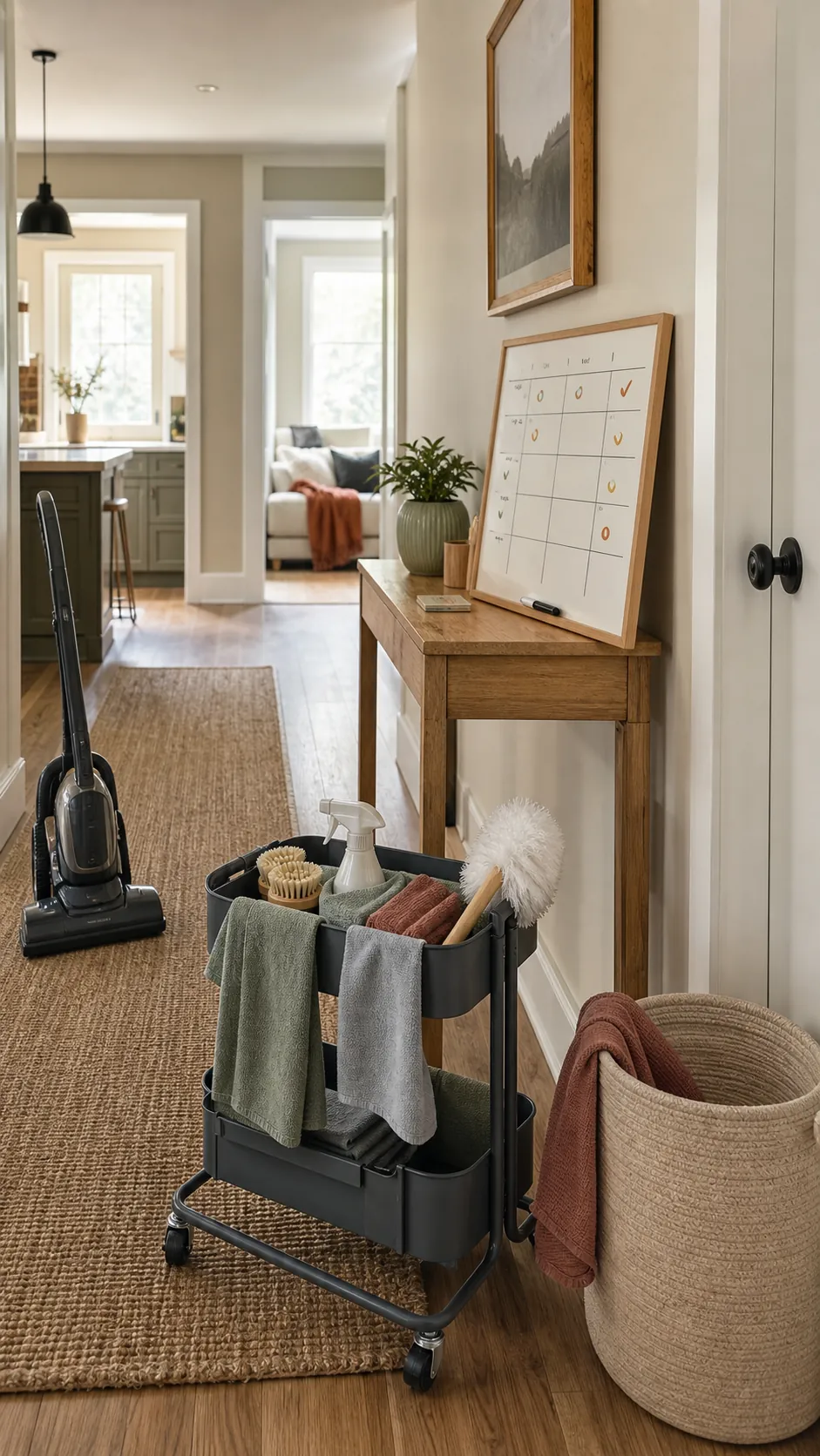 A practical whole-house cleaning plan staged in a bright family home