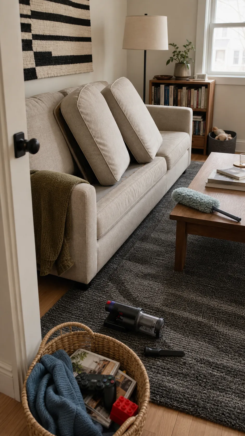 A lived-in living room prepared for a rotating dust and vacuum session