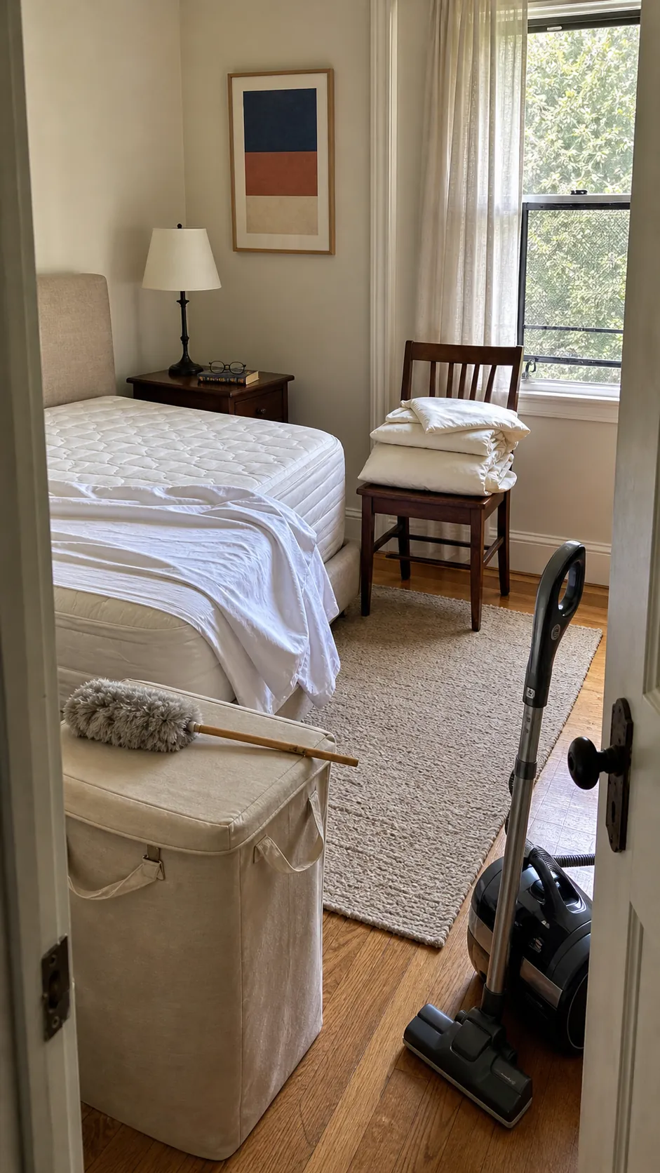 Fresh linens and a prepared bedroom during a scheduled cleaning day