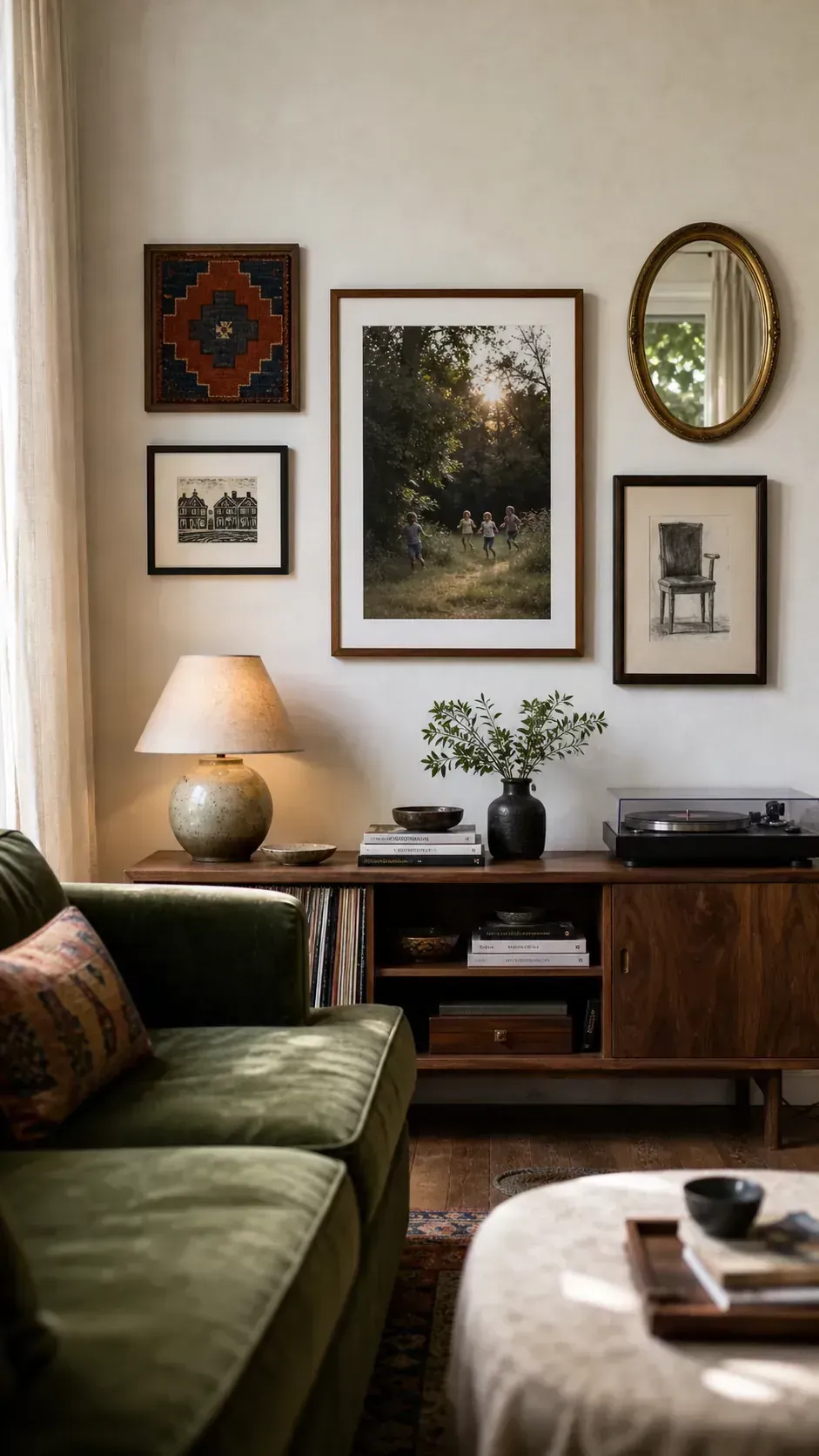 Collected living room wall with personal photographs, original art, textile, and intentional spacing