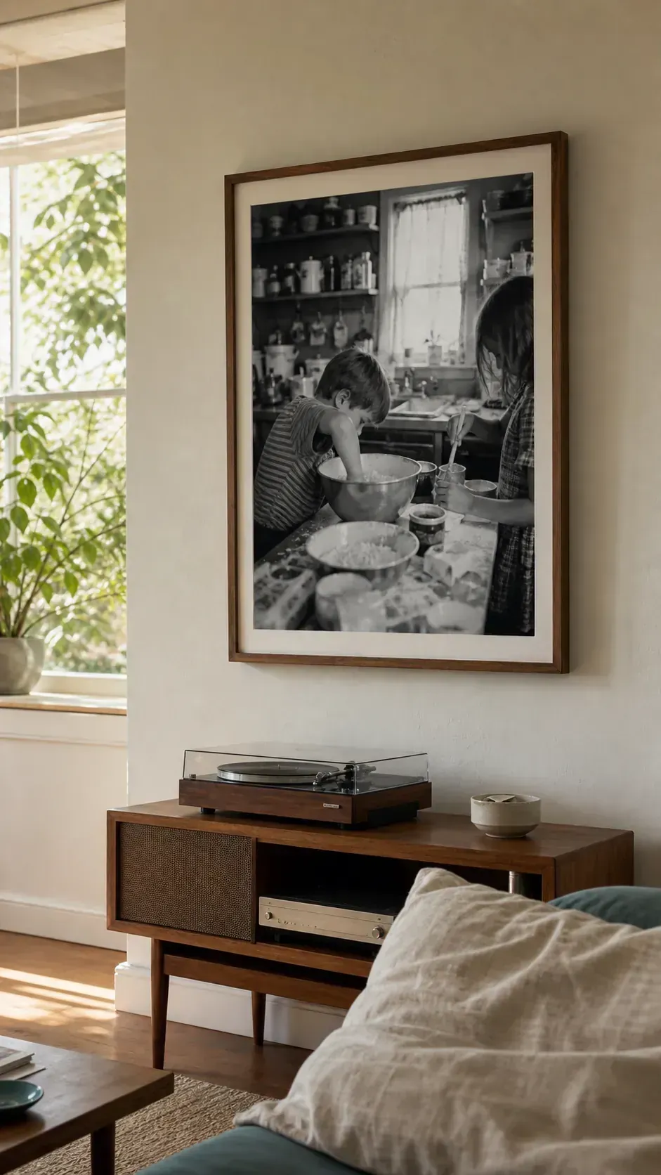 Large candid family photograph in a simple wood frame above a living room console