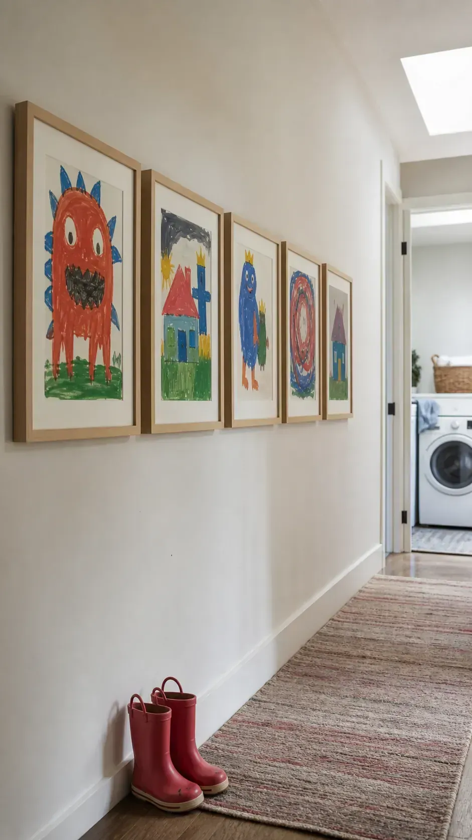 Colorful children's artwork displayed in matching archival frames in a family hallway
