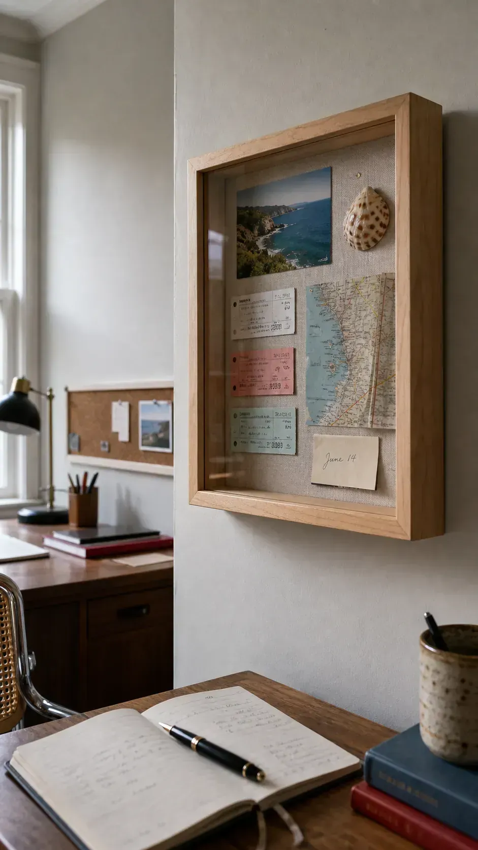 Deep shadow box displaying travel tickets, a small map, shell, and handwritten note
