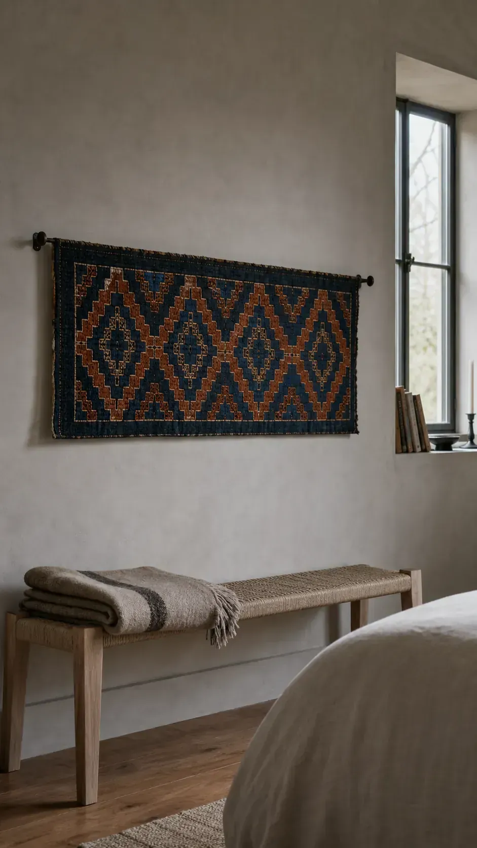 Inherited embroidered textile carefully mounted above a bedroom bench