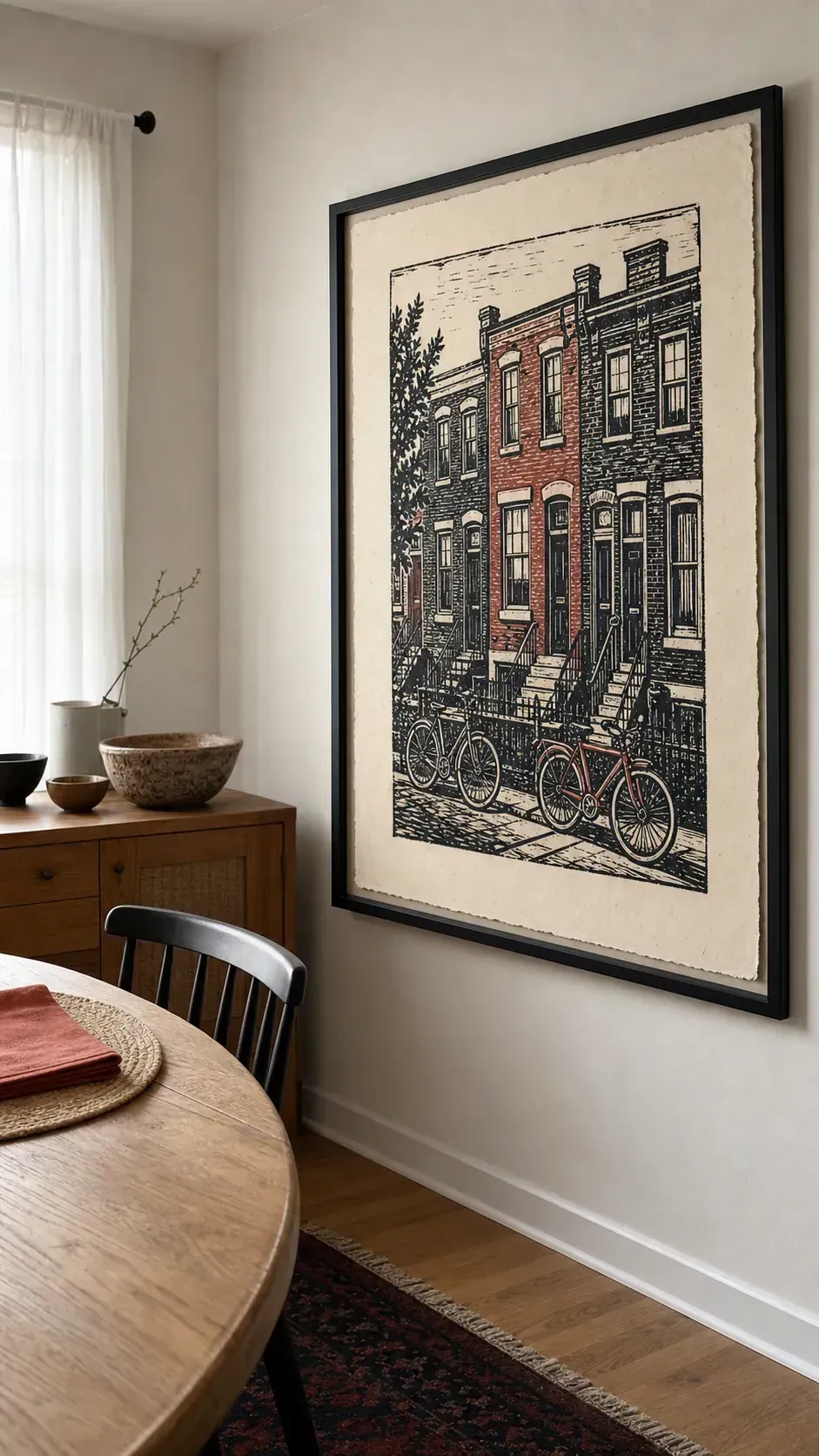 Original local artist print displayed as the anchor of a dining room wall