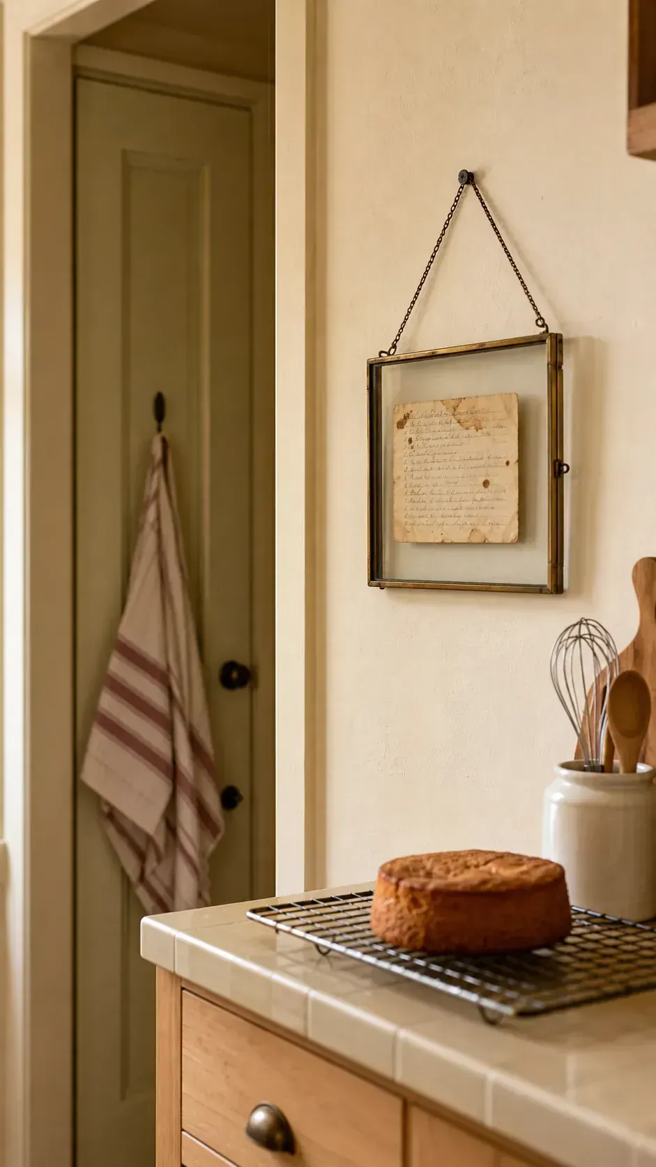 Handwritten family recipe in a floating frame on a warm kitchen wall