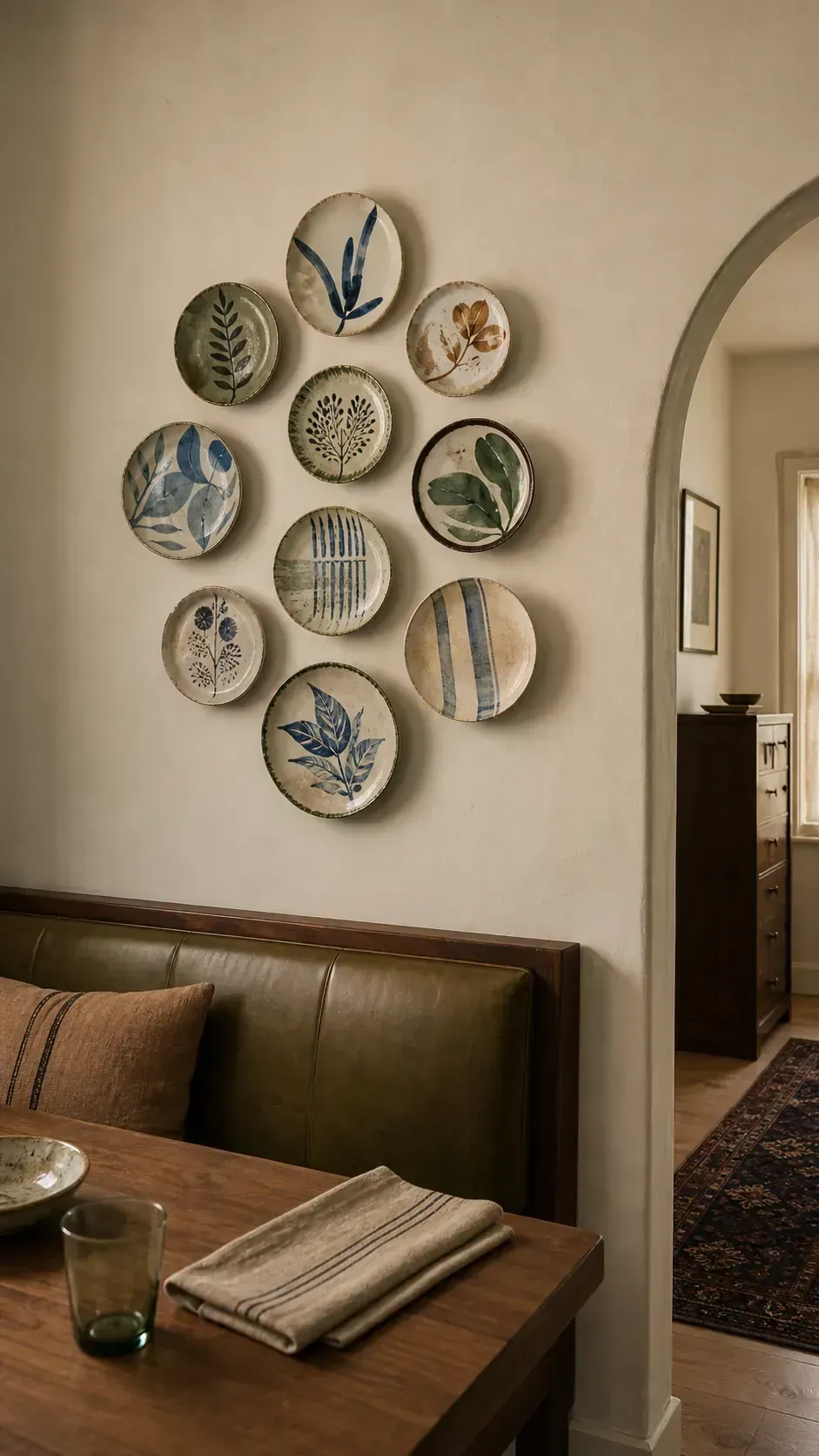 Collected ceramic plates arranged in a loose oval on a dining room wall