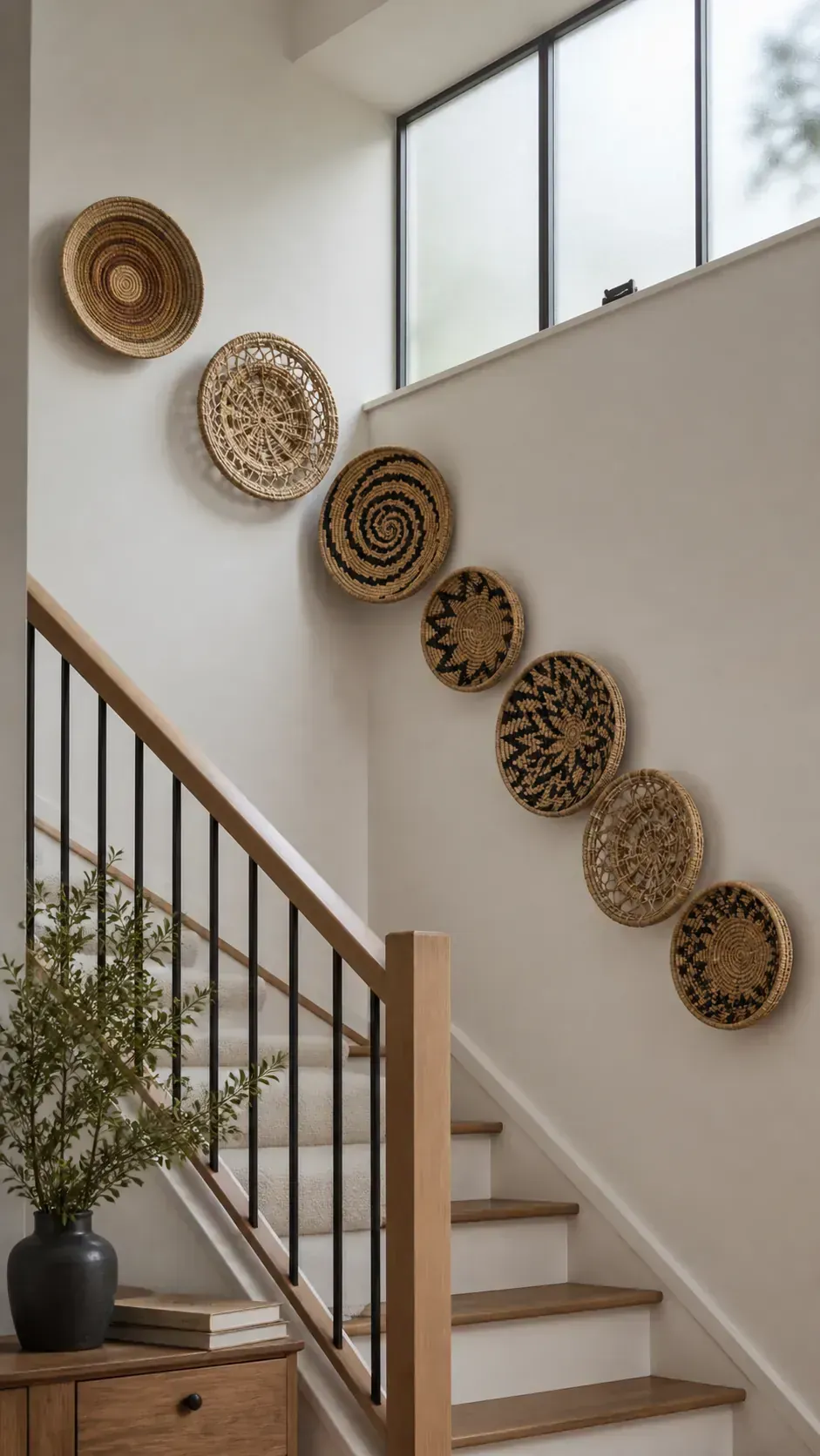 Handwoven baskets with varied natural patterns arranged along a stair wall