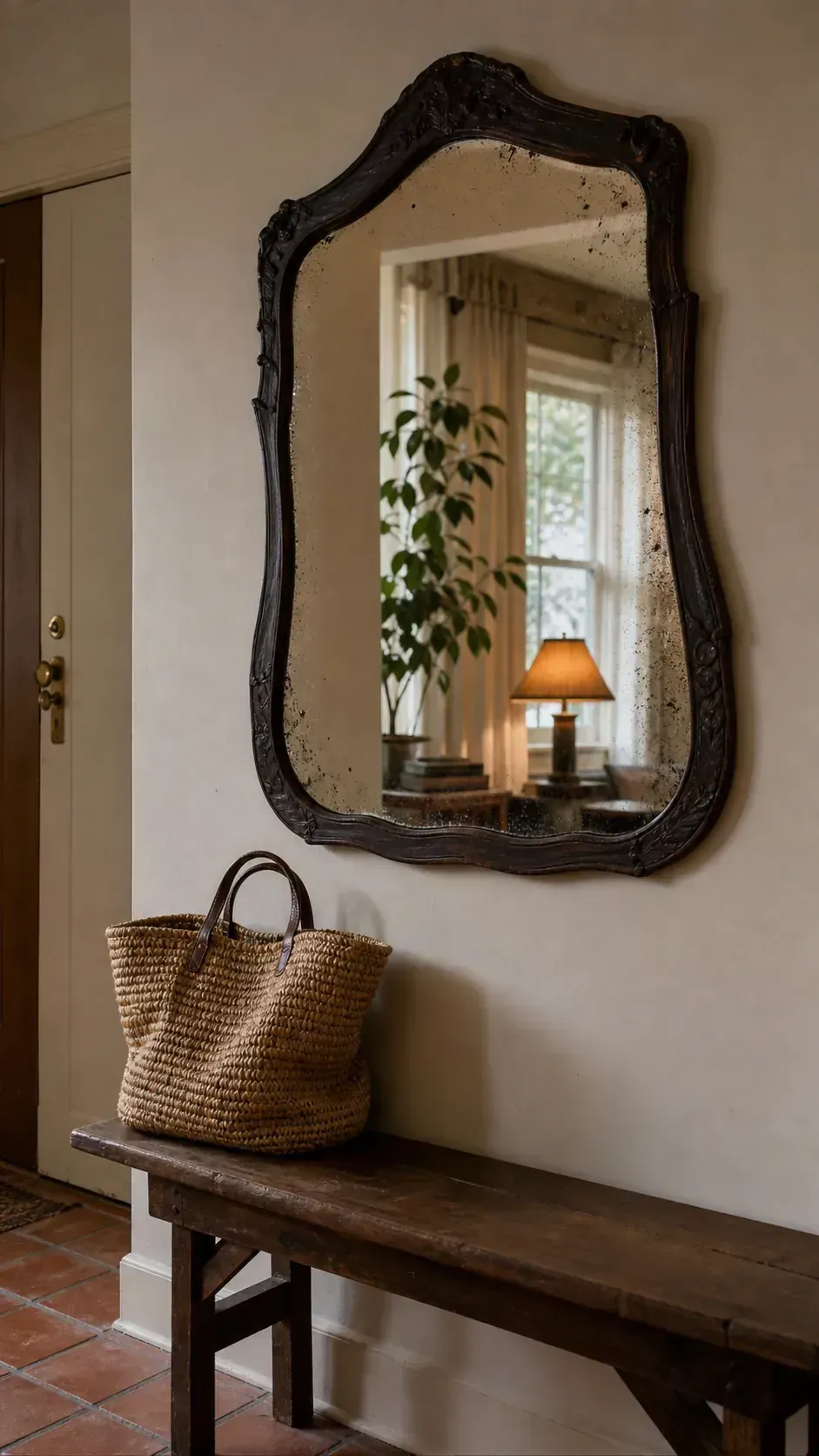 Vintage mirror in an entryway reflecting a leafy window and warm lamp