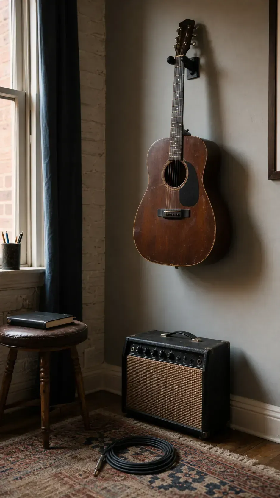 Well-used acoustic guitar mounted safely in a personal music corner