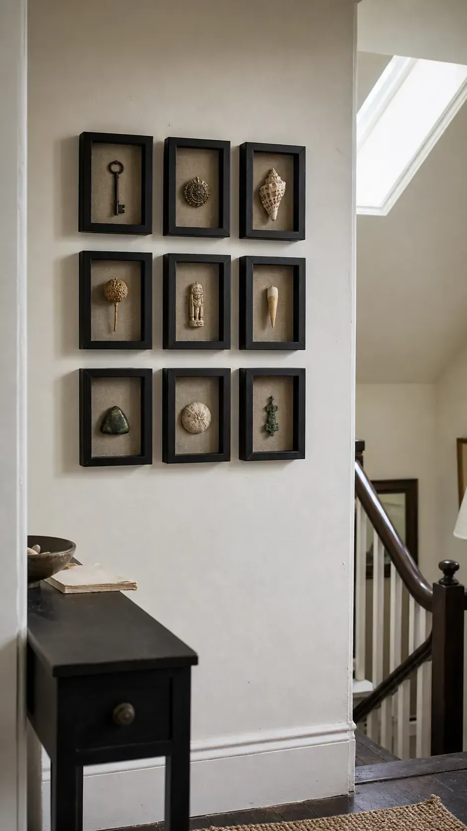 Orderly grid of small shadow frames holding shells, keys, and tiny keepsakes