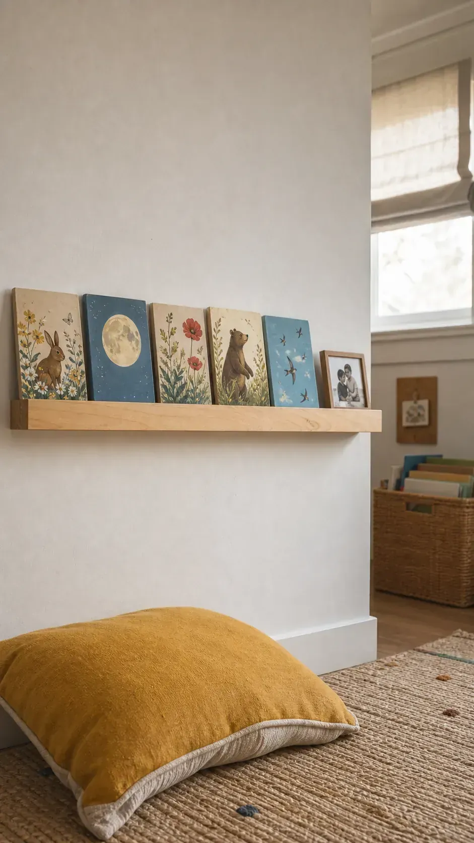 Shallow picture ledge displaying favorite illustrated books and a small photograph