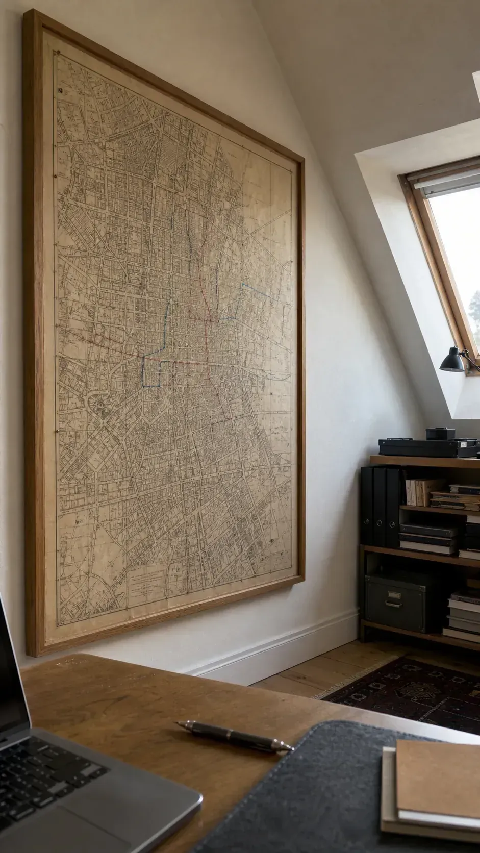 Vintage city map with subtle personal route markings above a home office desk