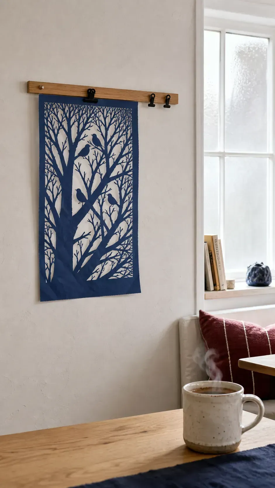 Simple hanging rail with one rotating handmade seasonal textile in a breakfast nook