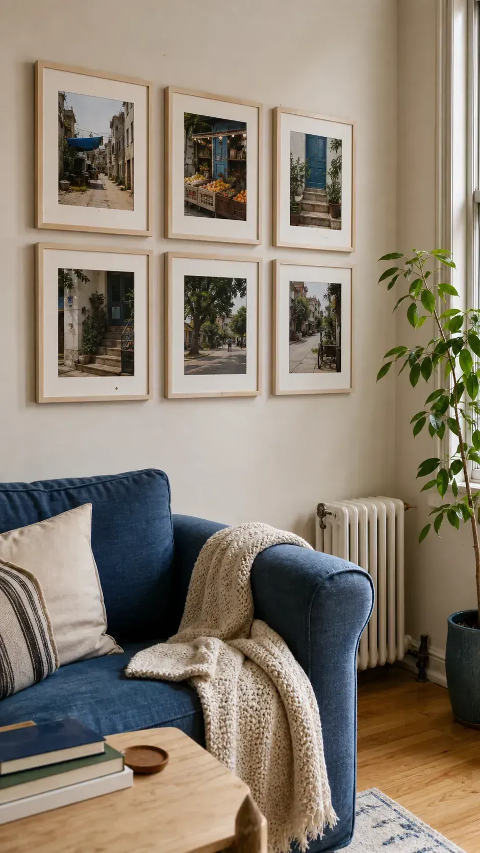 Renter-friendly grid of lightweight photo frames aligned above a small sofa
