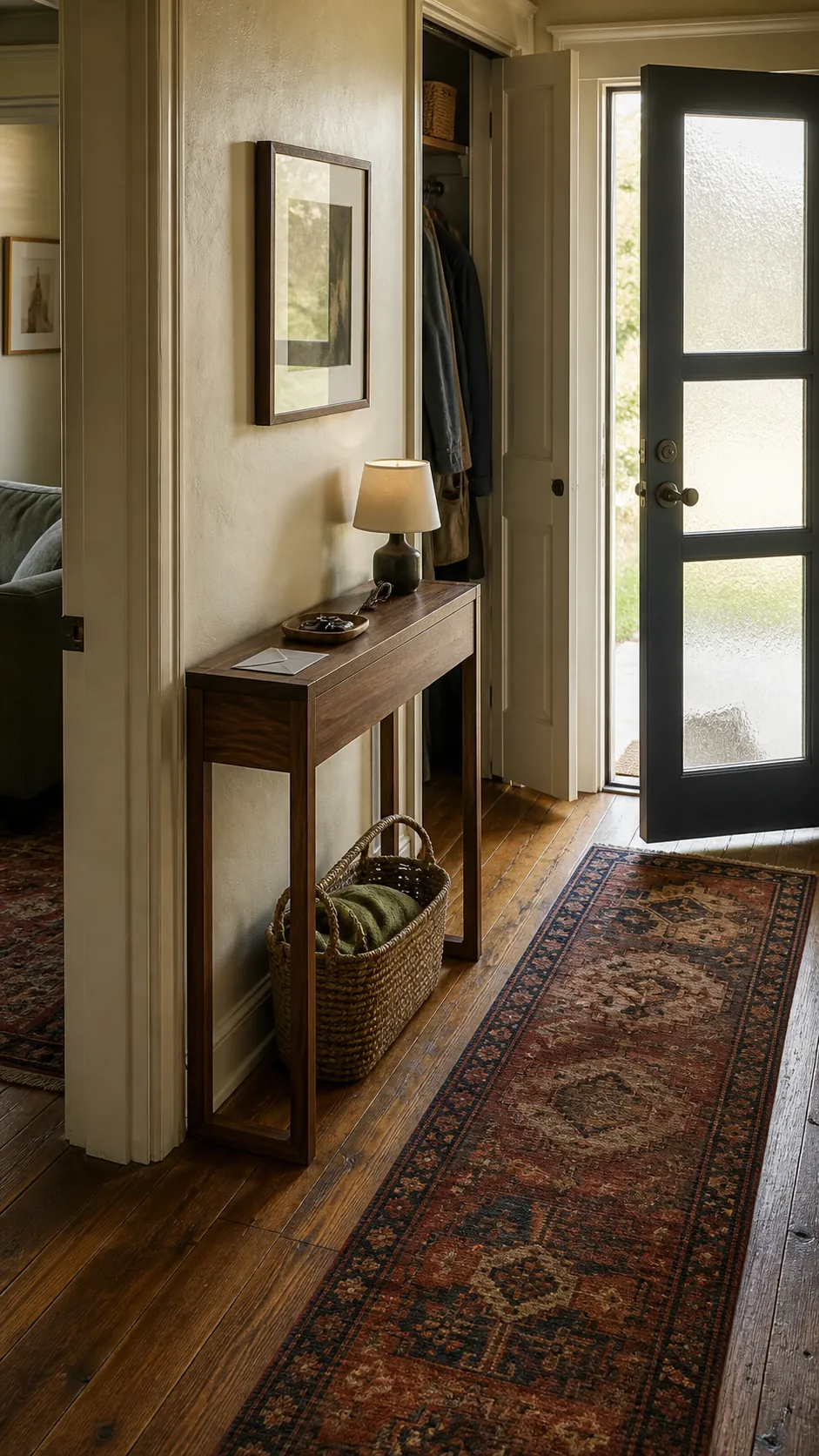 Slim wood entryway table with practical storage and clear walking space in a narrow foyer