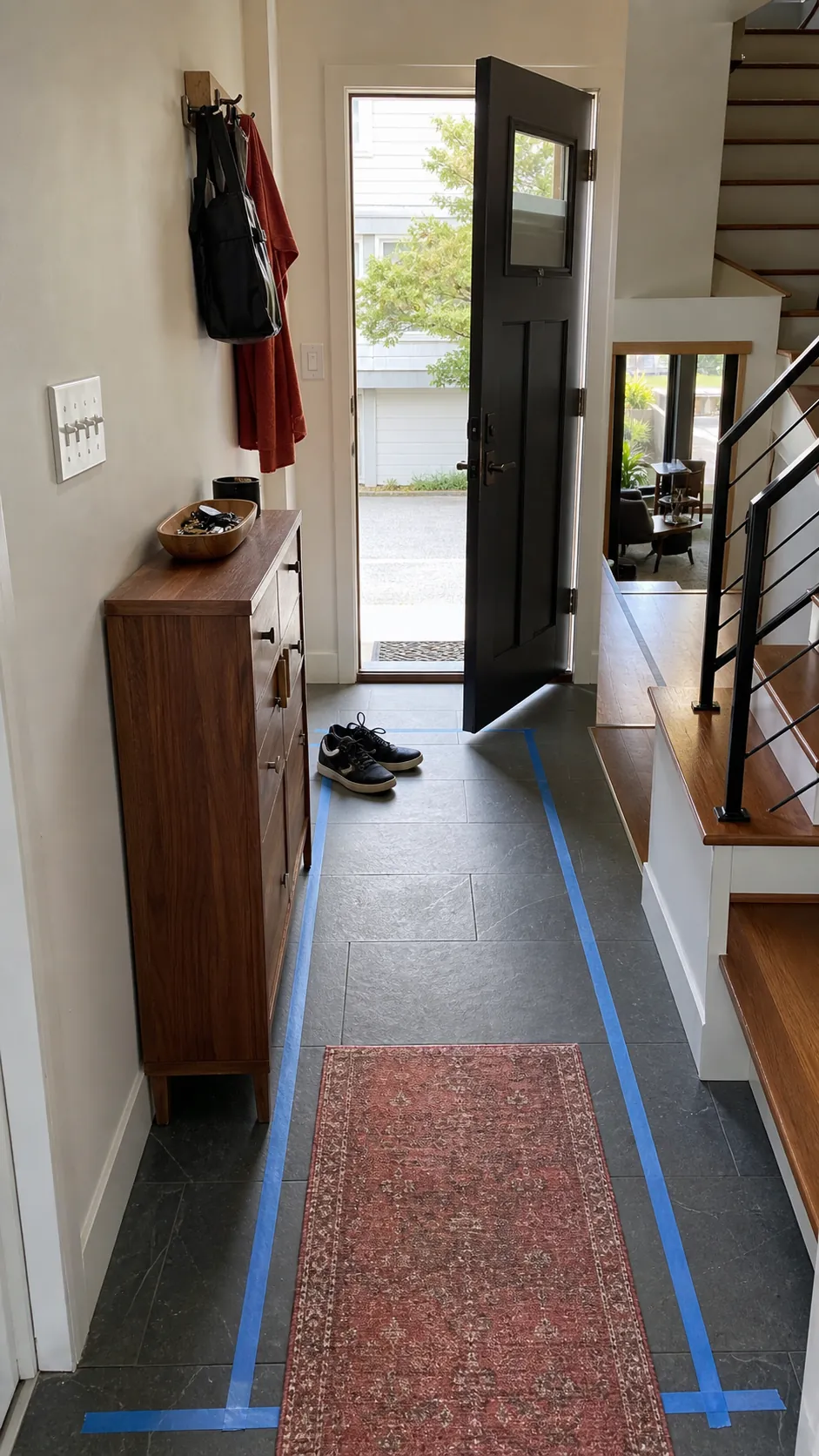Narrow entryway with a slim console positioned safely outside the front door swing