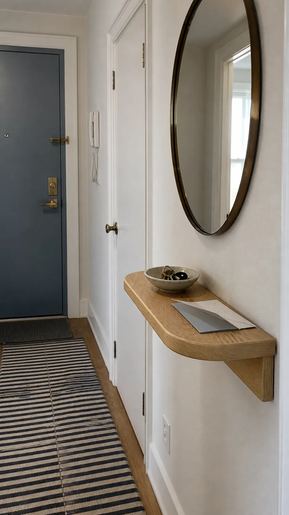 Wall-mounted floating entryway ledge with a key bowl beneath a round mirror
