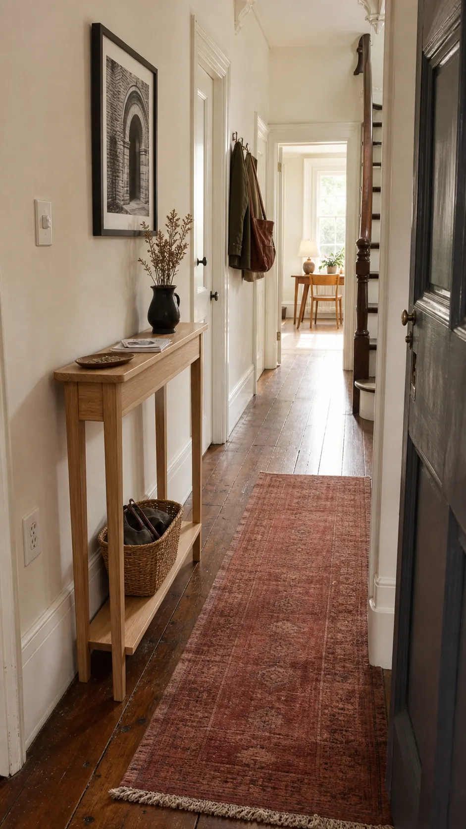 Long narrow hallway with a slim open wood console and visible floor beneath