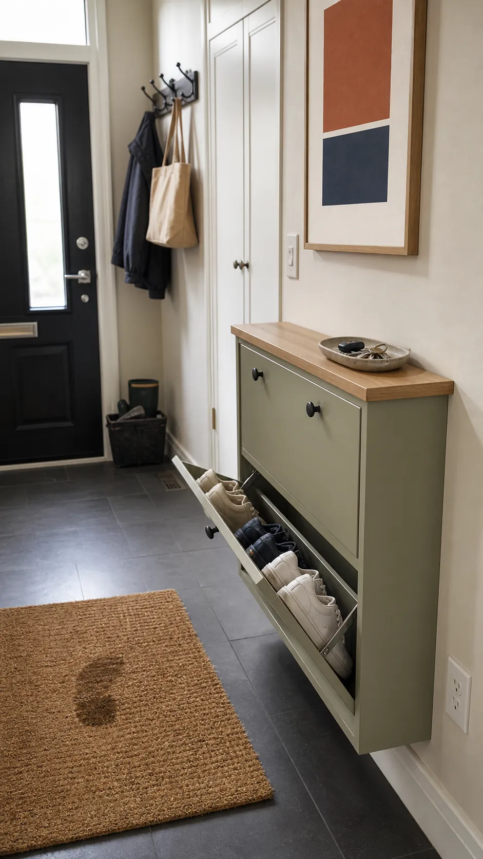 Shallow wall-secured shoe cabinet used as a narrow entryway table