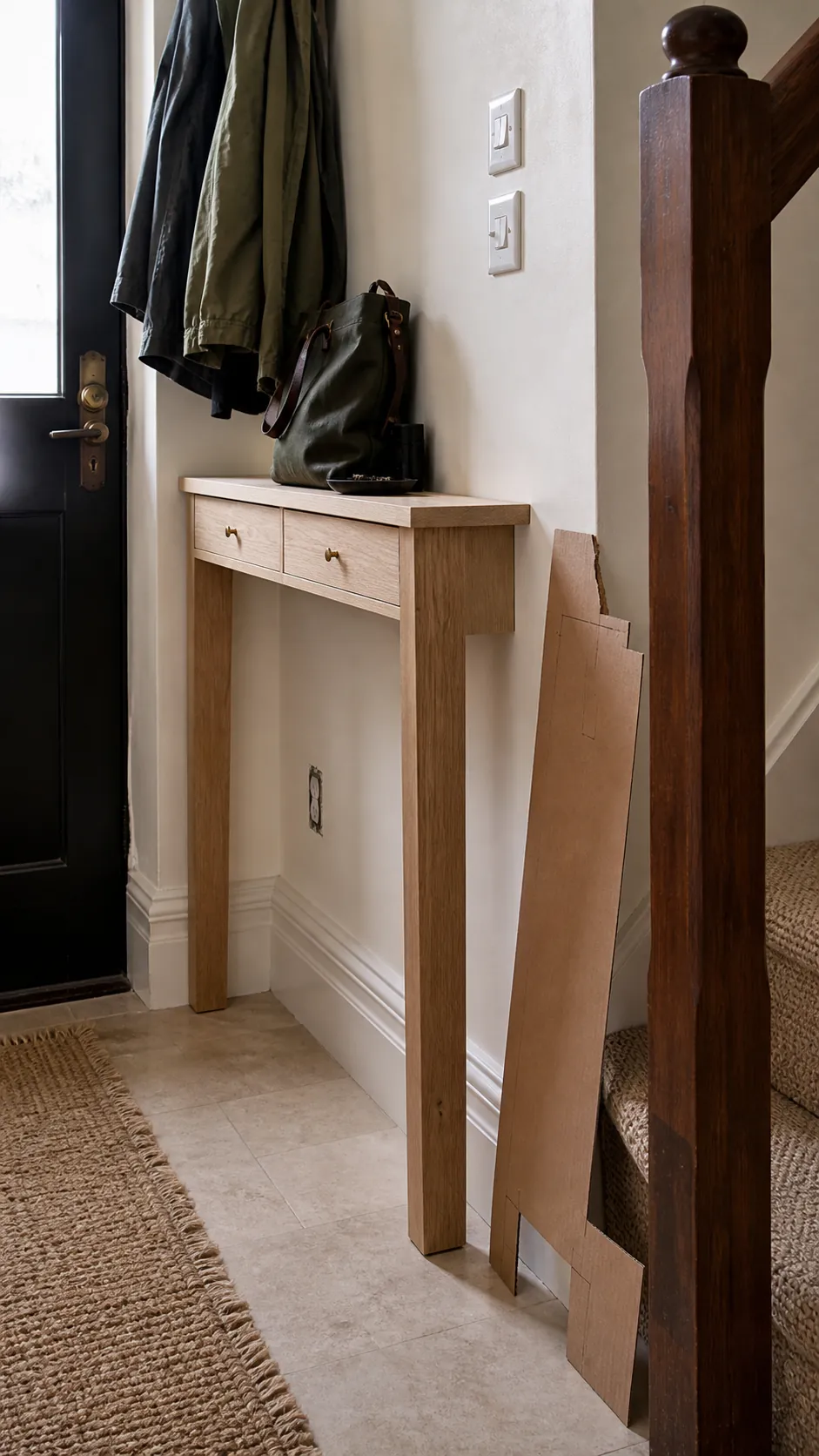 Custom DIY narrow console fitted around baseboard and light switches in a tiny foyer
