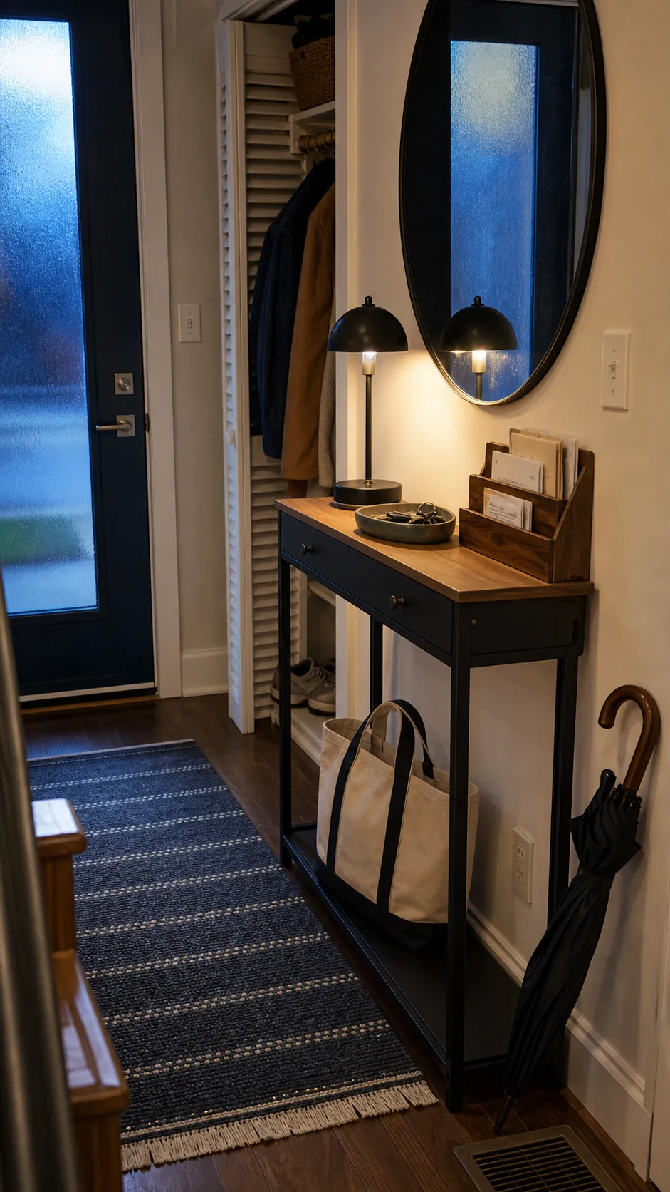 Practical small entry table styled with a key tray, lamp, mirror, and outgoing tote
