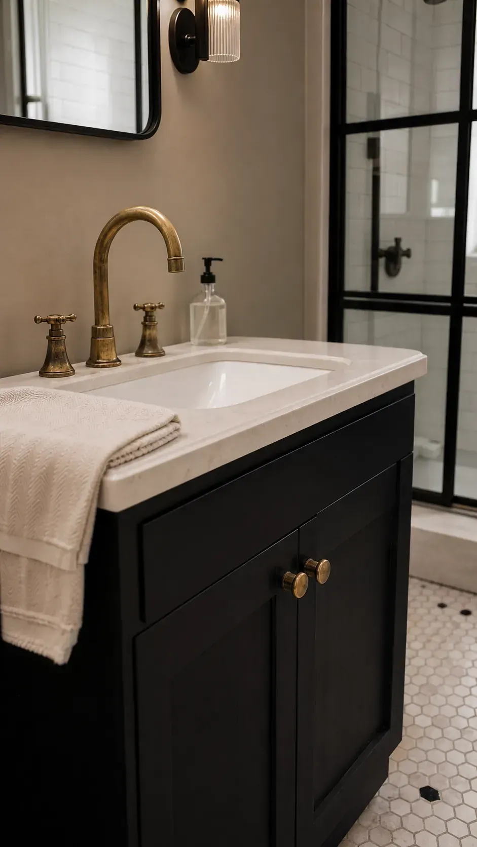 Softly styled black vanity with aged brass faucet and hardware