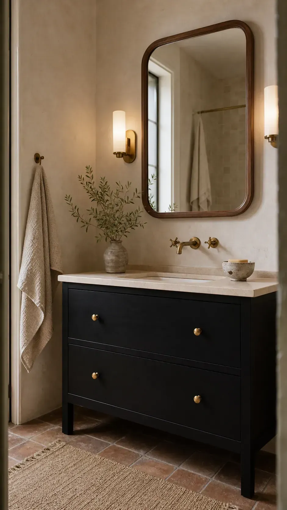 Soft warm bathroom centered on a matte black vanity