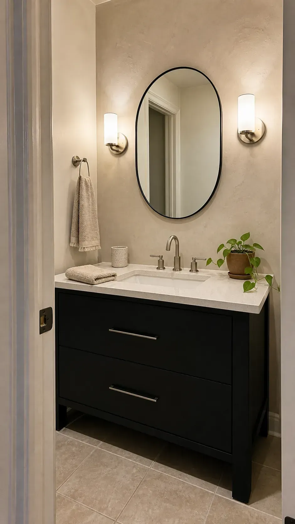Matte black bathroom vanity against warm creamy plaster walls