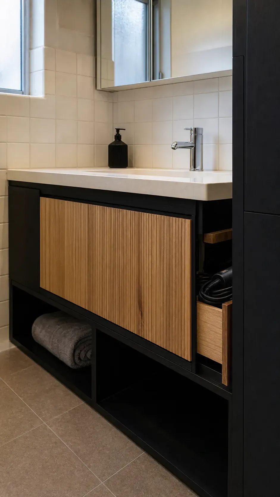Black bathroom vanity with a warm reeded oak drawer front
