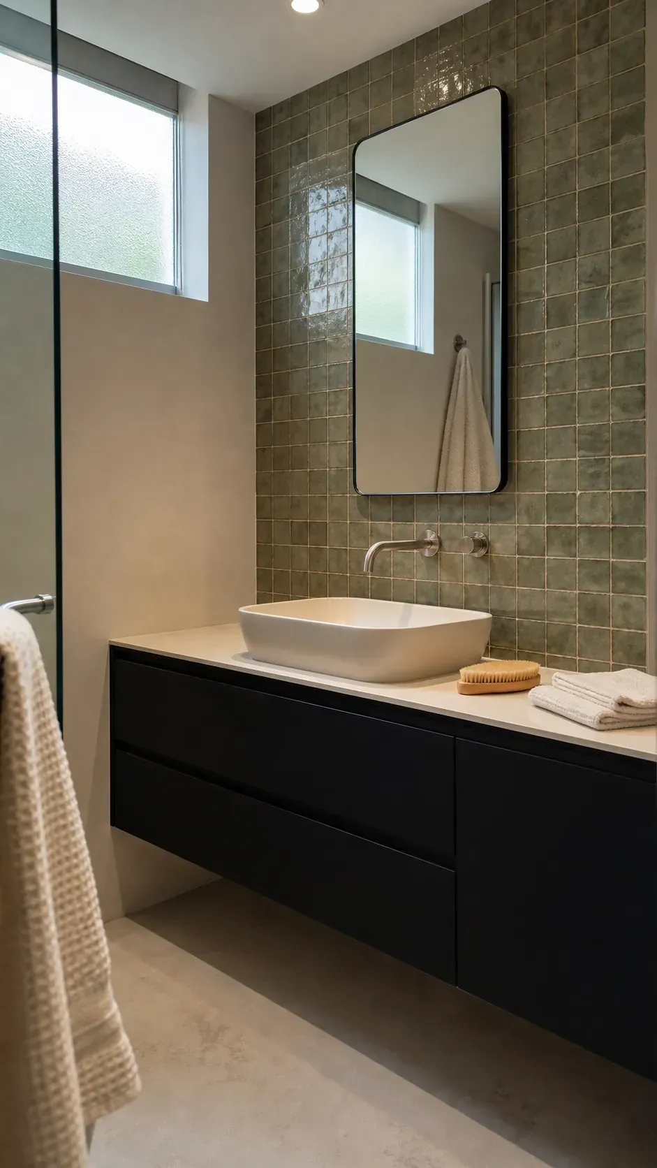Black bathroom vanity paired with muted olive handmade-look tile