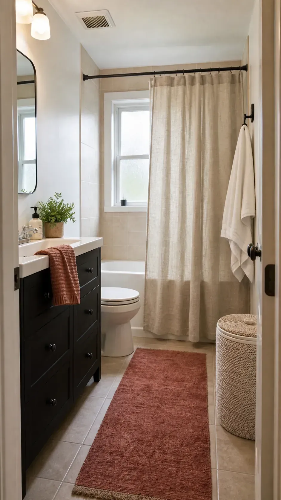 Black vanity softened with flax linen and woven neutral towels
