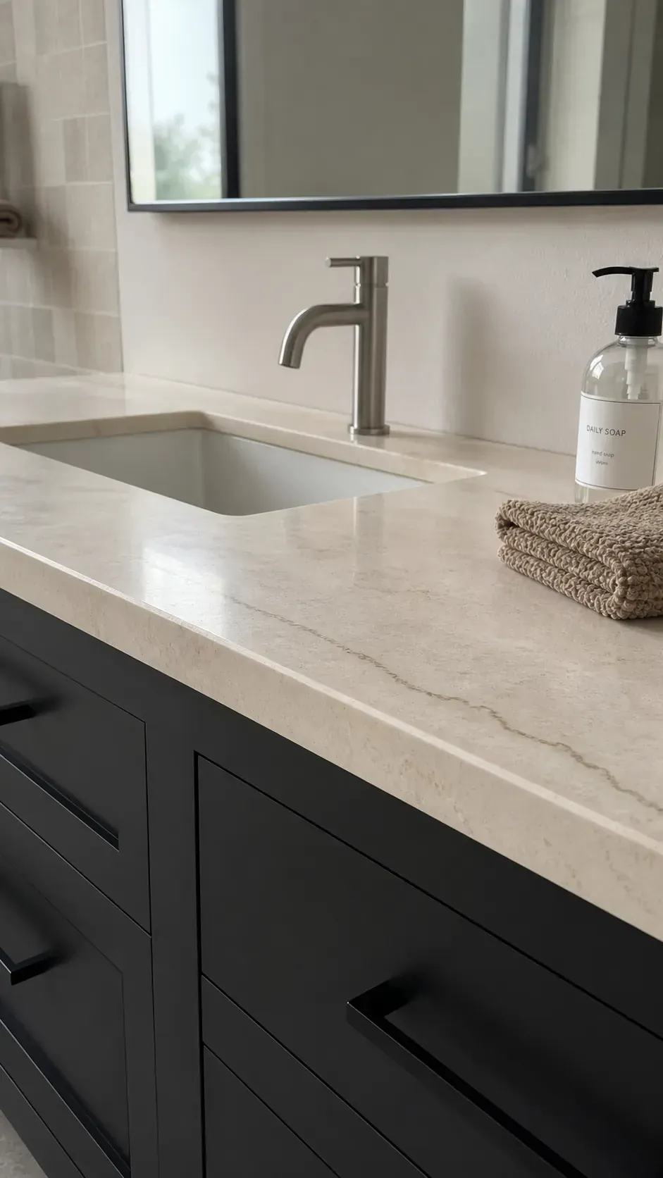 Black bathroom vanity topped with honed warm-veined marble