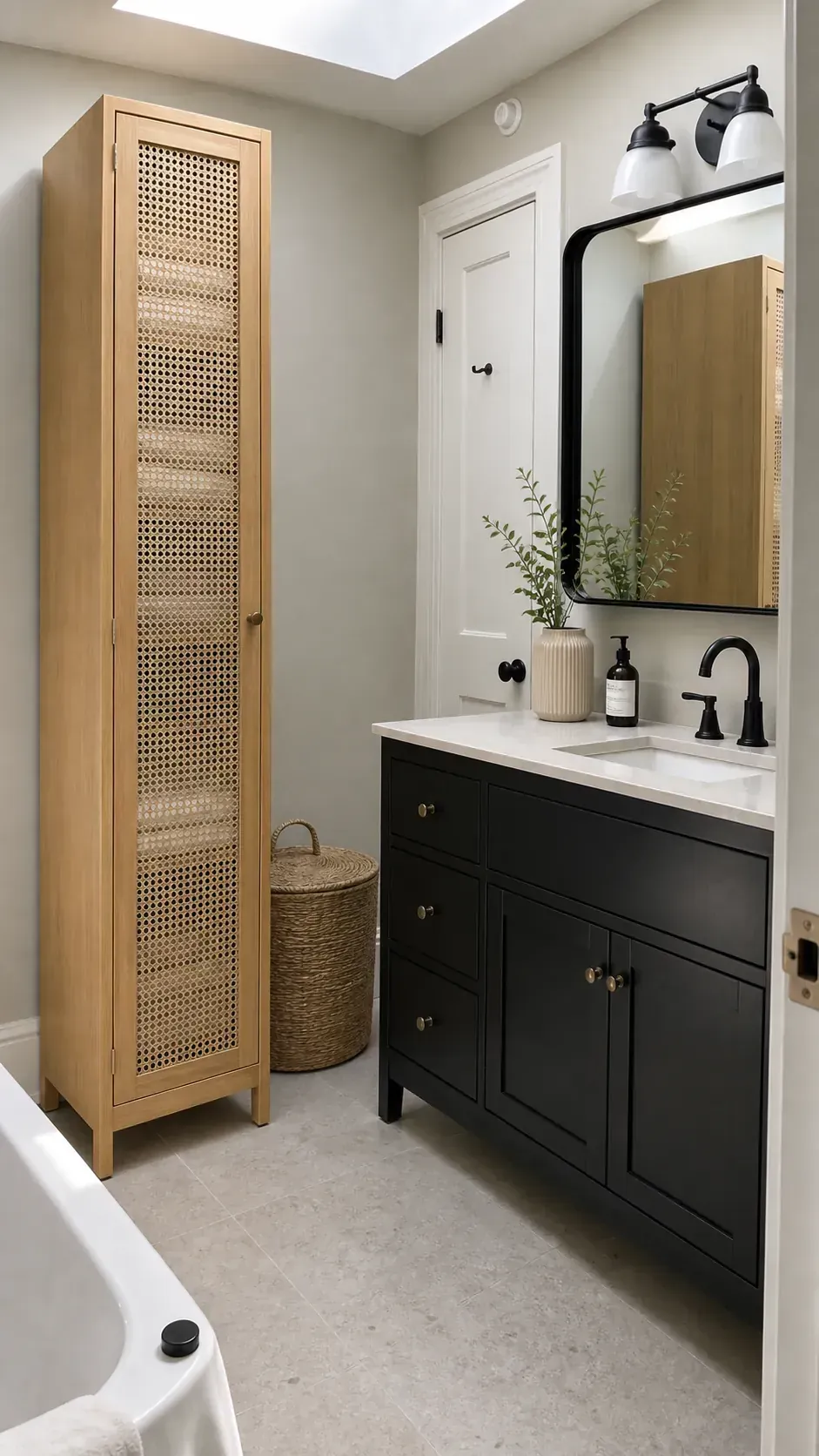 Black vanity paired with a light wood cane-front linen tower