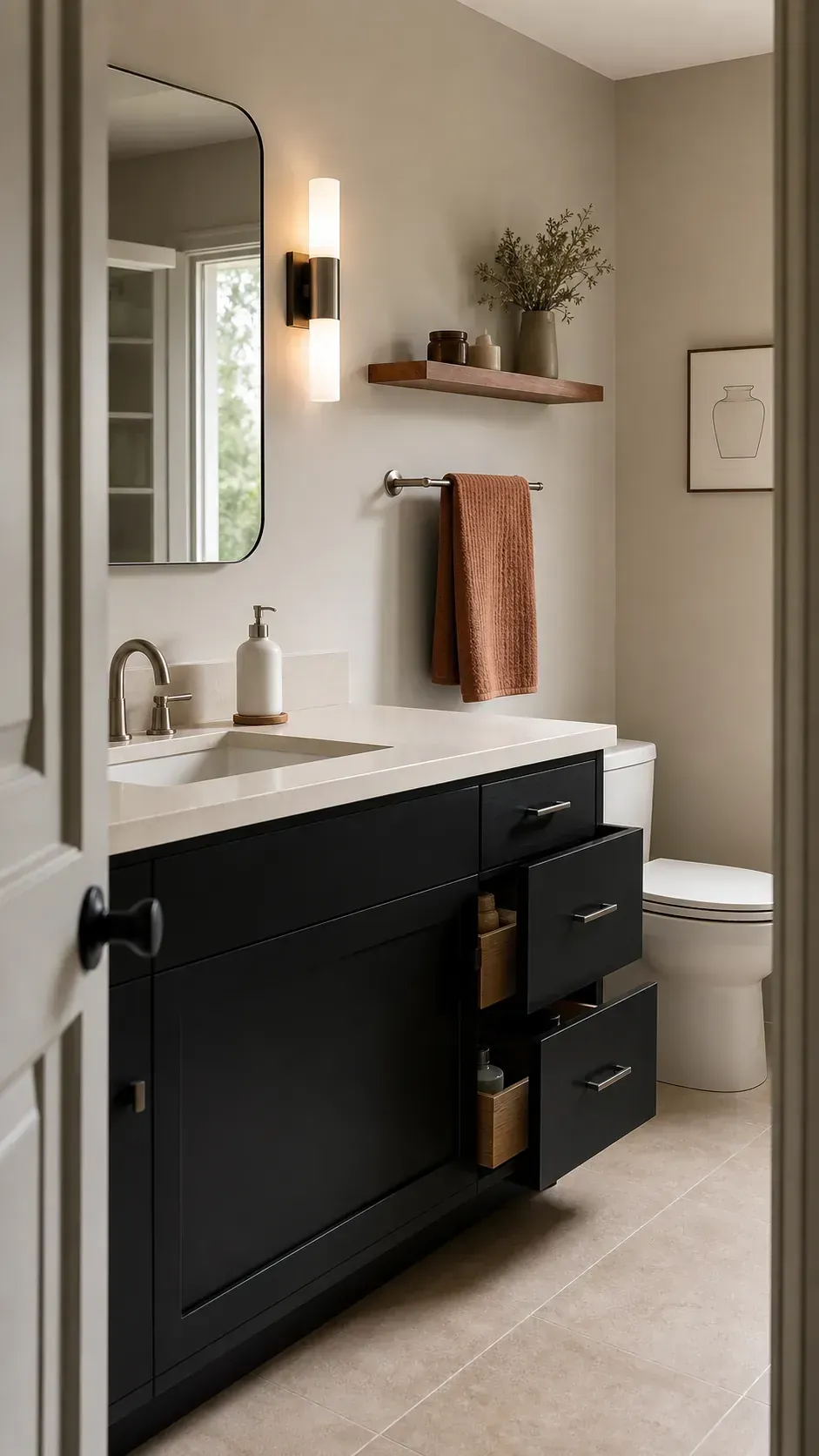 Black bathroom vanity in a quiet tonal cream walnut and clay palette