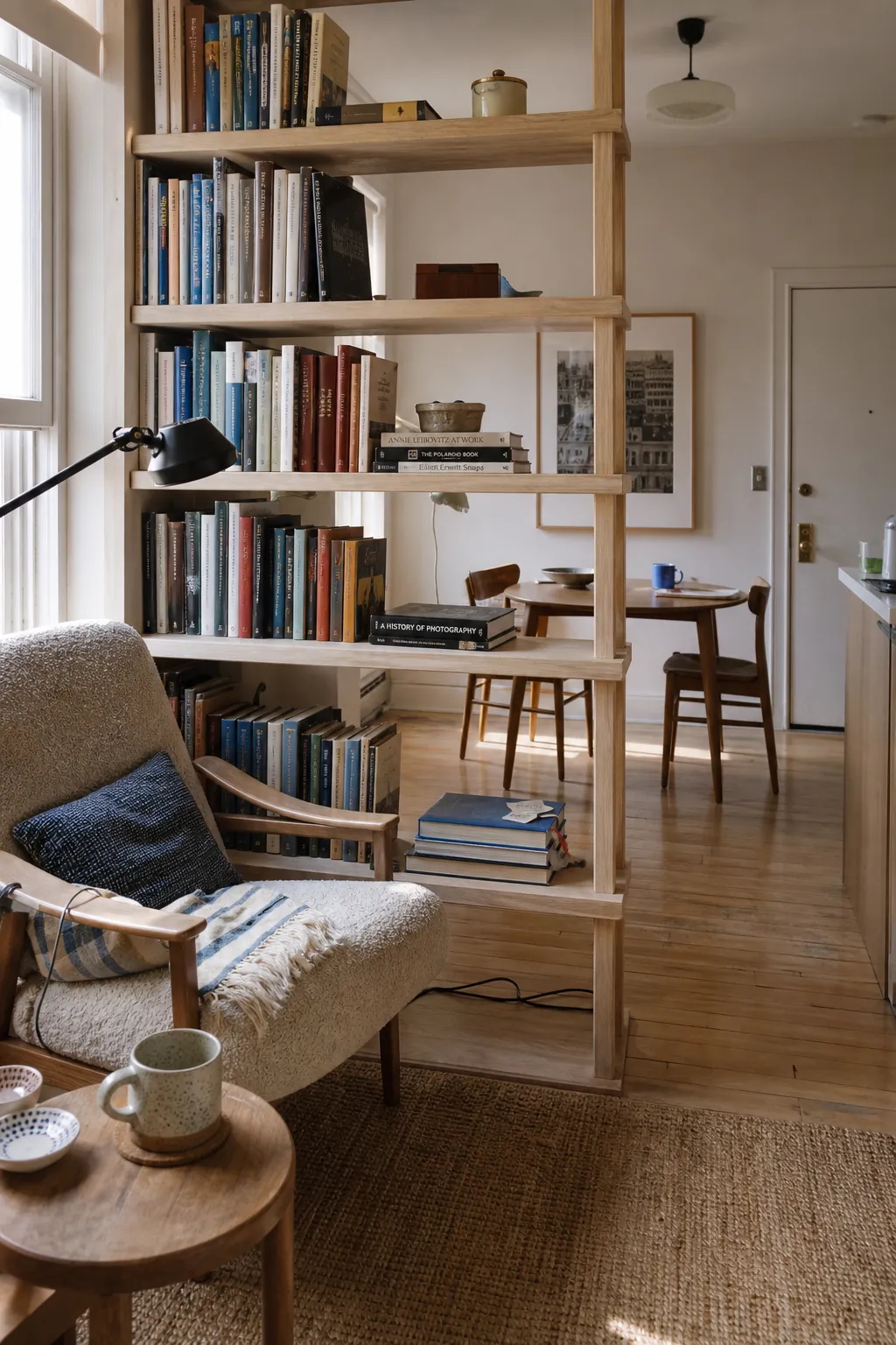 Open bookcase dividing a compact living space into a reading area