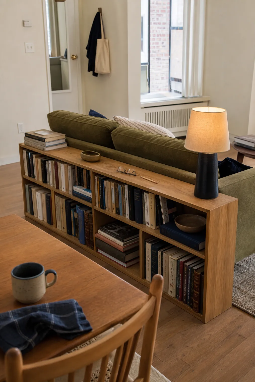 Slim bookcase behind a sofa creating a small-space home library